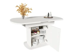 Mesa de comedor extensible ovalada con espacio de almacenamiento, diseño moderno, tablero de partículas, blanco y plateado (L110/130 x An70 x Al75 cm)