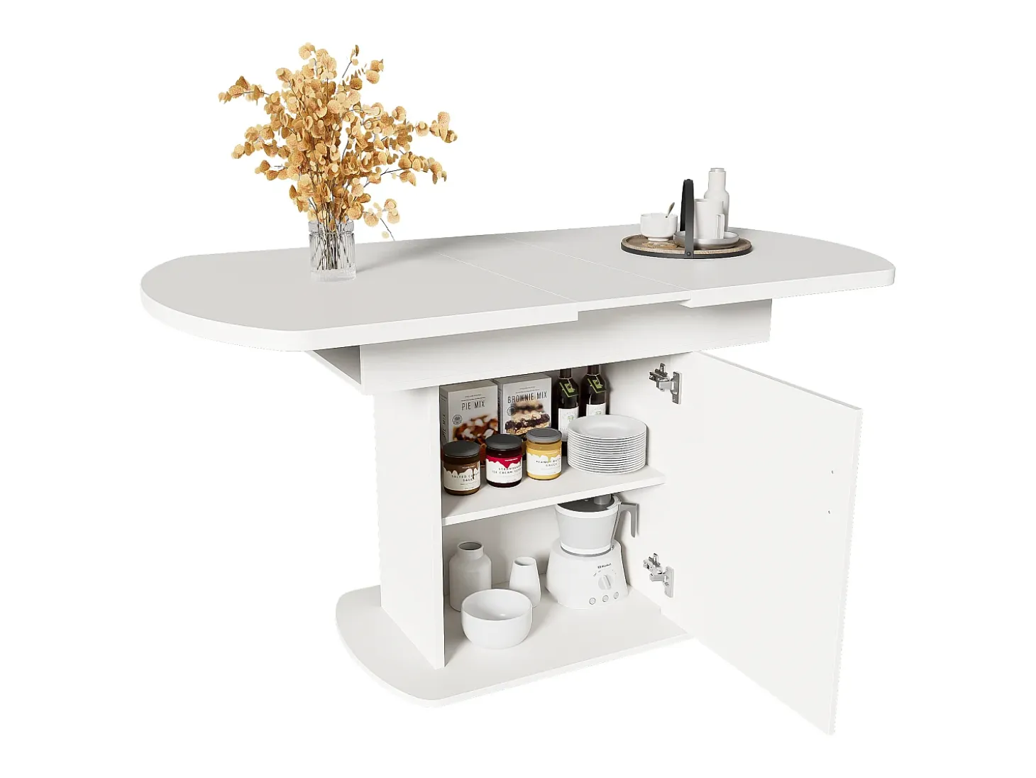 Mesa de comedor extensible ovalada con espacio de almacenamiento, diseño moderno, tablero de partículas, blanco y plateado (L110/130 x An70 x Al75 cm)