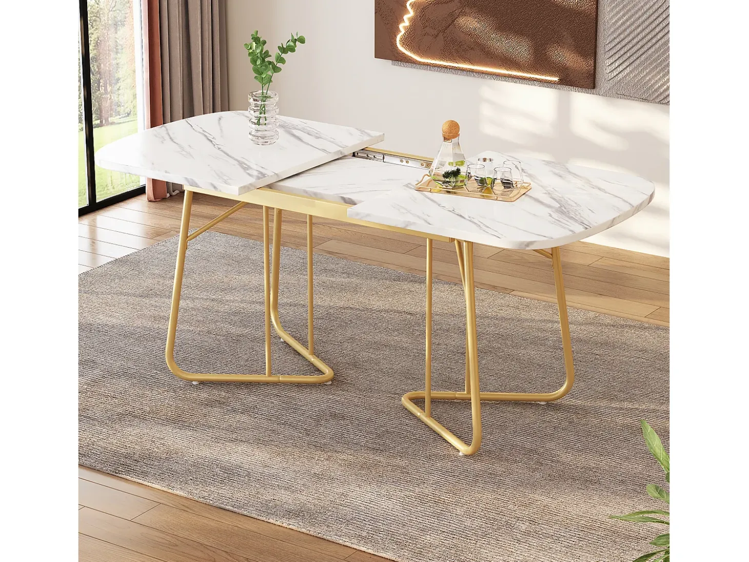 Mesa de comedor extensible para 4-6 personas 180x80cm en MDF con patas de metal dorado, chapa de mármol blanco
