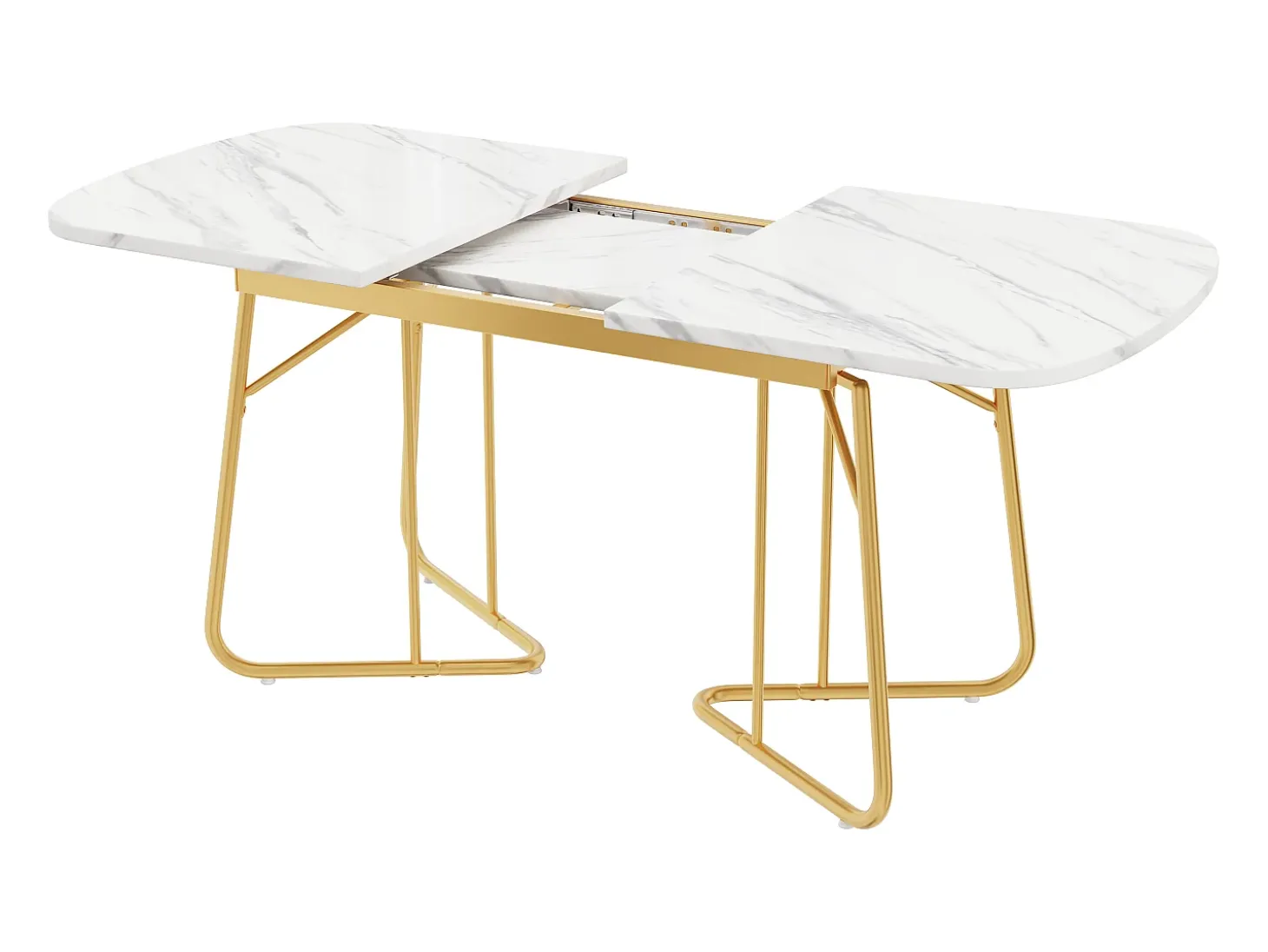 Mesa de comedor extensible para 4-6 personas 180x80cm en MDF con patas de metal dorado, chapa de mármol blanco