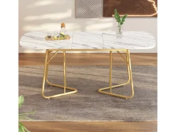 Mesa de comedor extensible para 4-6 personas 180x80cm en MDF con patas de metal dorado, chapa de mármol blanco