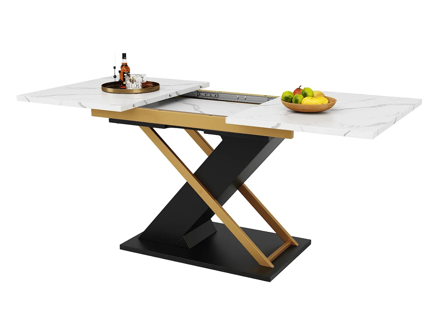 Mesa de comedor extensible para 6-8 personas 160x80cm, tapa chapada en mármol con patas cruzadas de metal dorado