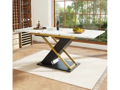 Mesa de comedor extensible para 6-8 personas 160x80cm, tapa chapada en mármol con patas cruzadas de metal dorado