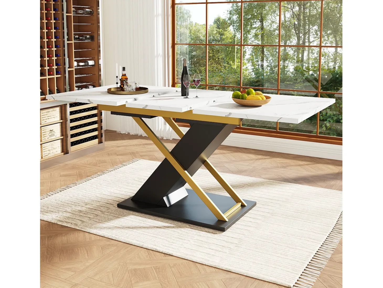 Mesa de comedor extensible para 6-8 personas 160x80cm, tapa chapada en mármol con patas cruzadas de metal dorado