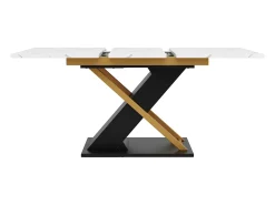Mesa de comedor extensible para 6-8 personas 160x80cm, tapa chapada en mármol con patas cruzadas de metal dorado