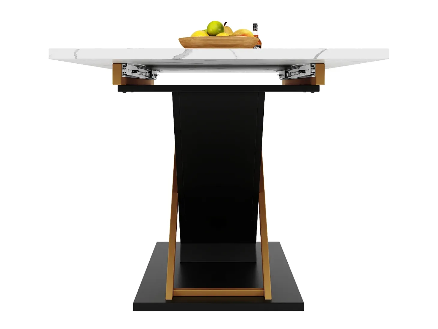 Mesa de comedor extensible para 6-8 personas 160x80cm, tapa chapada en mármol con patas cruzadas de metal dorado