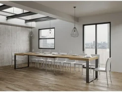 Mesa de comedor extensible tiroz-Color Natural-Base y soporte con ruedas-5 alargaderas finas-Ancho extensible