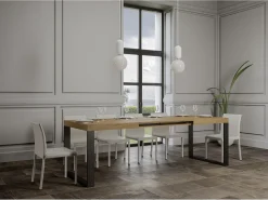 Mesa de comedor extensible tiroz-Color Natural-Soporte 4 pies-5 alargaderas finas-Ancho extensible