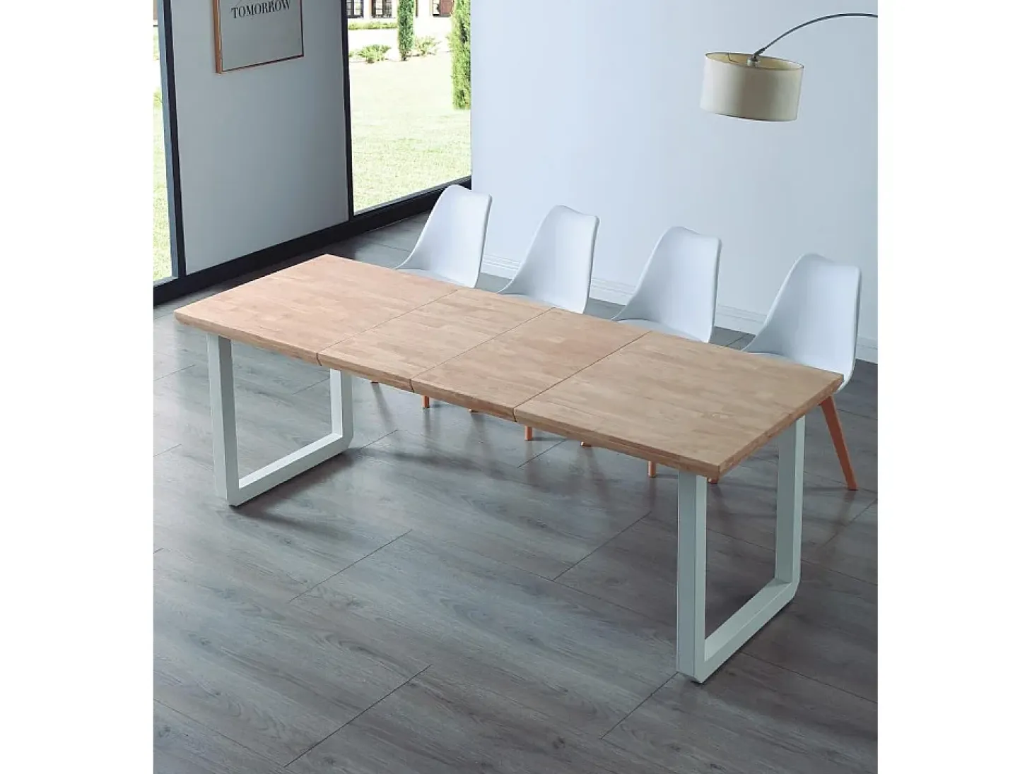 Mesa de comedor extensible de 77x80x148-180-220 cm en roble nordish y patas blancas Jack