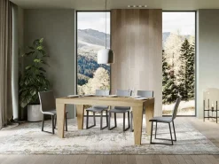 Mesa de comedor extensible de madera Kristo patas en V-Color Natural-Soporte 4 pies-5 alargaderas finas-Ancho extensible