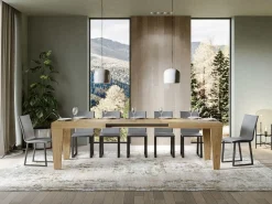 Mesa de comedor extensible de madera Kristo patas en V-Color Natural-Soporte 4 pies-5 alargaderas finas-Ancho extensible