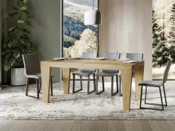 Mesa de comedor extensible de madera Kristo patas en V-Color Natural-Soporte 4 pies-5 alargaderas finas-Ancho extensible