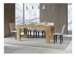 Mesa de comedor extensible de madera Ribo-Color Natural-Soporte 4 pies-5 alargaderas finas-Ancho extensible