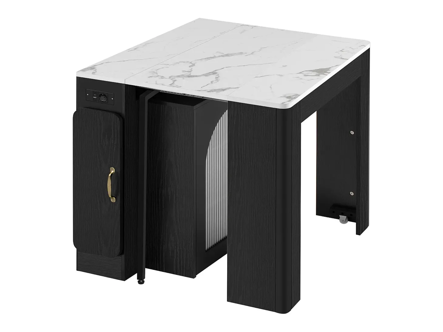 Mesa de comedor extensible negra – mesa de 3 puertas y 3 estantes – con toma de corriente y ruedas