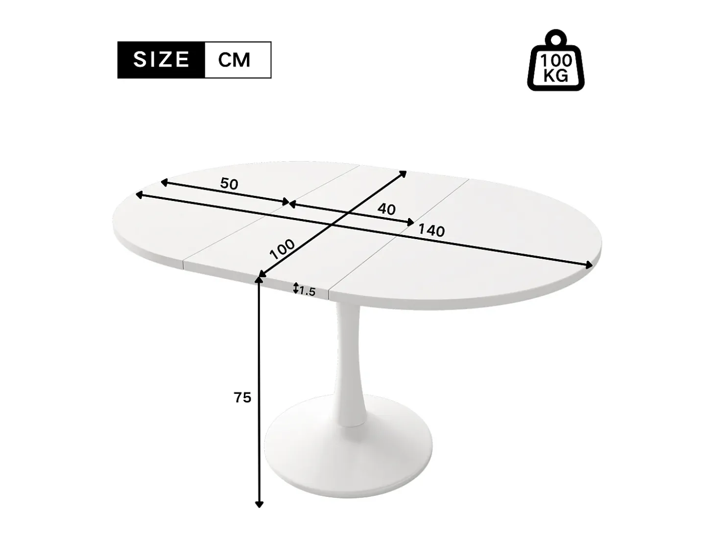 Mesa de comedor extensible ovalada para 4 a 6 personas - L 100/140 x A 100 x A 75 cm - Madera MDF - Blanco