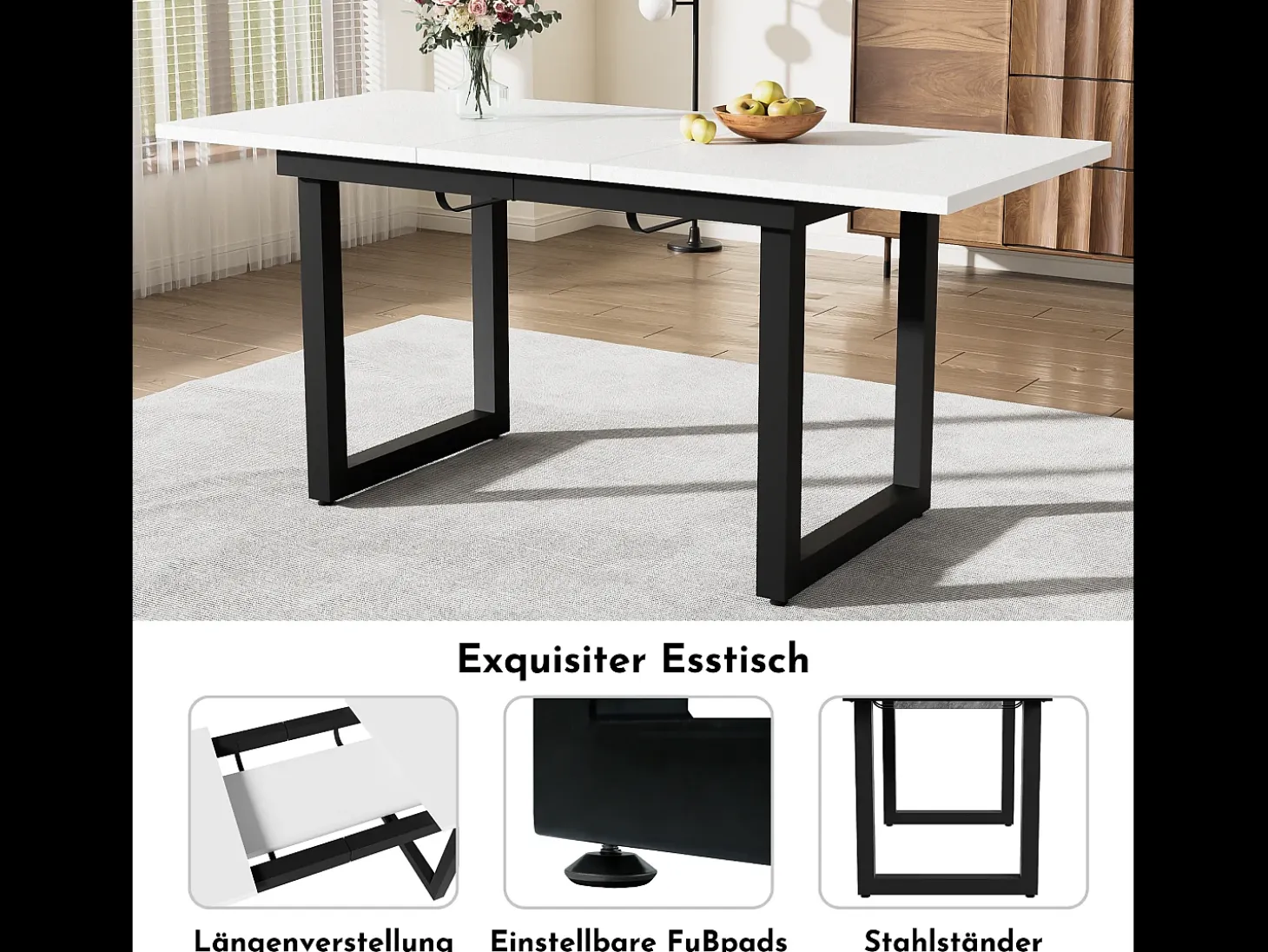Mesa de comedor extensible para 4 a 6 personas - 140/180 x 80 x 75 cm - Patas de MDF y hierro - Efecto mármol - Blanco