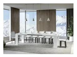 Mesa de comedor extensible de madera Ribo-Color Blanco-Base y soporte con ruedas-5 alargaderas finas-Ancho extensible