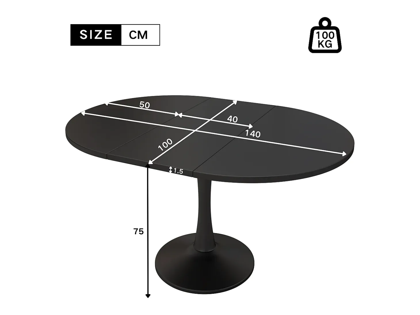 Mesa de comedor extensible ovalada para 4-6 personas 140x100cm en MDF con pata central, color negro