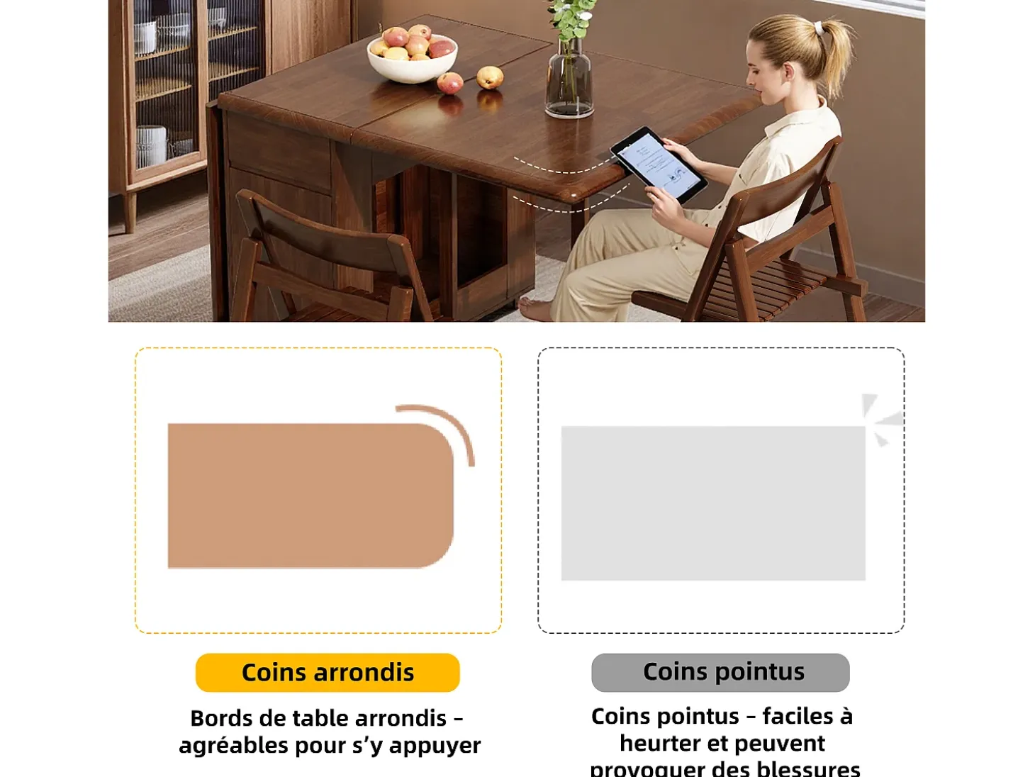 Mesa de comedor extensible y compacta, mesa de cocina de madera de 130 cm con almacenamiento y ruedas 360°, para 2 a 6 personas, acabado nogal
