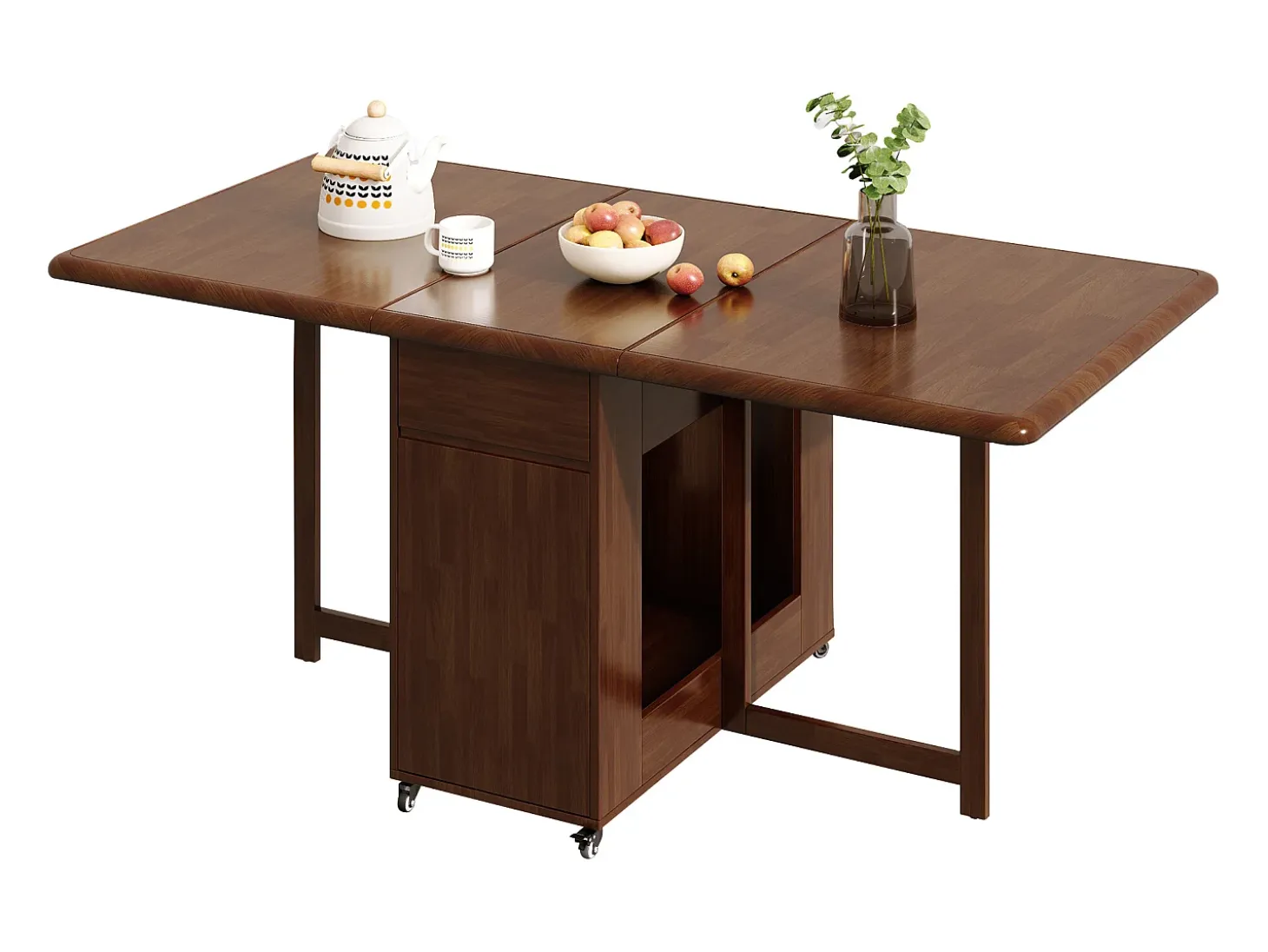 Mesa de comedor extensible y compacta, mesa de cocina de madera de 130 cm con almacenamiento y ruedas 360°, para 2 a 6 personas, acabado nogal