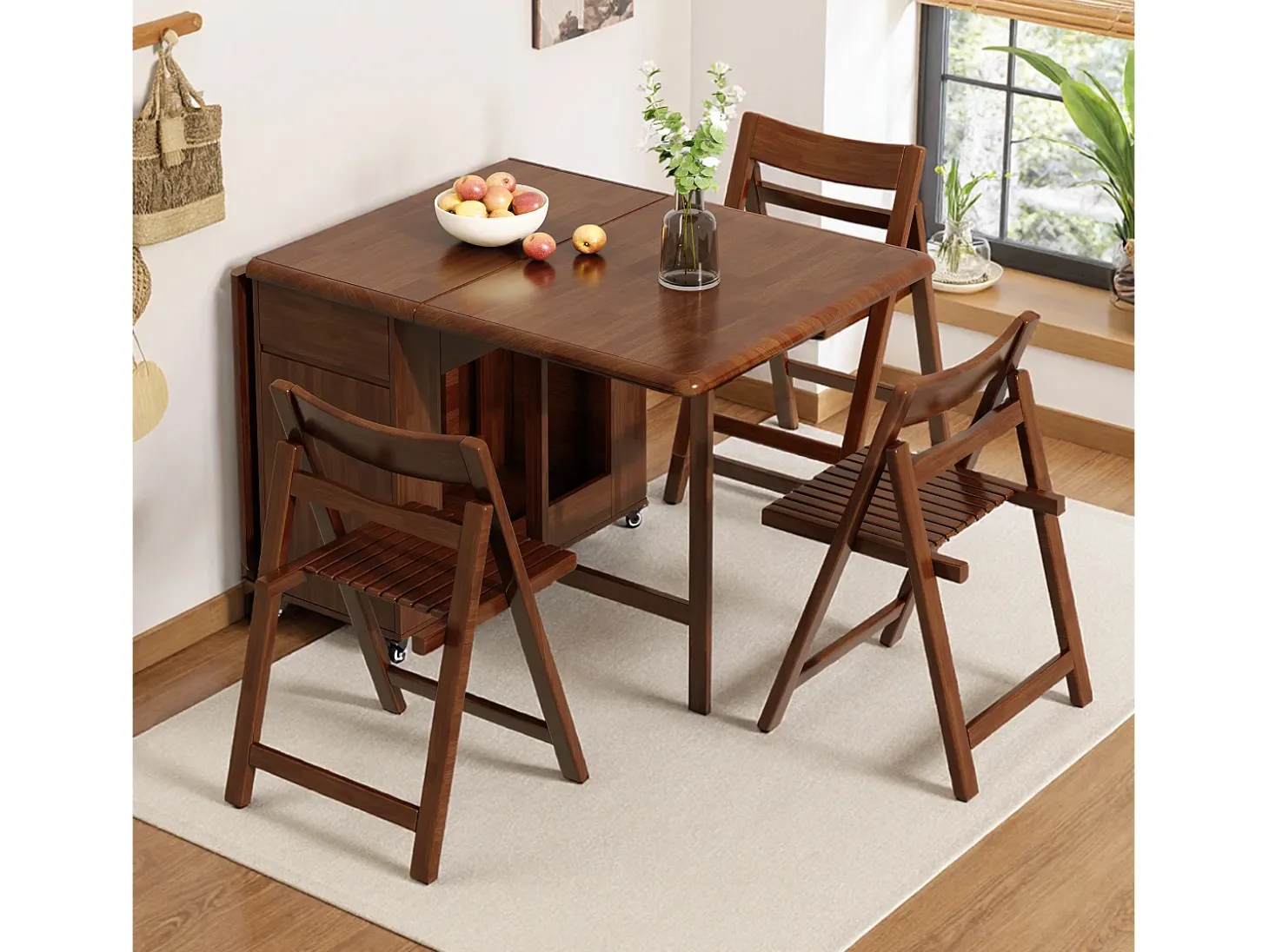 Mesa de comedor extensible y compacta, mesa de cocina de madera de 130 cm con almacenamiento y ruedas 360°, para 2 a 6 personas, acabado nogal