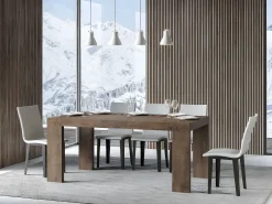 Mesa de comedor extensible de madera Ribo-Color Marrón-Base y soporte con ruedas-5 alargaderas finas-Ancho extensible