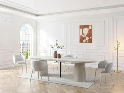 Mesa de comedor extensible para 6 a +12 personas en MDF - Efecto travertino beige - CLOEVA