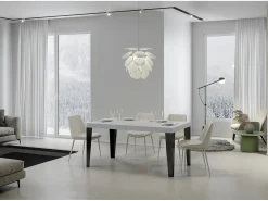 Mesa de comedor extensible Flavio-Color Blanco-Soporte 4 pies-5 alargaderas finas-Ancho extensible