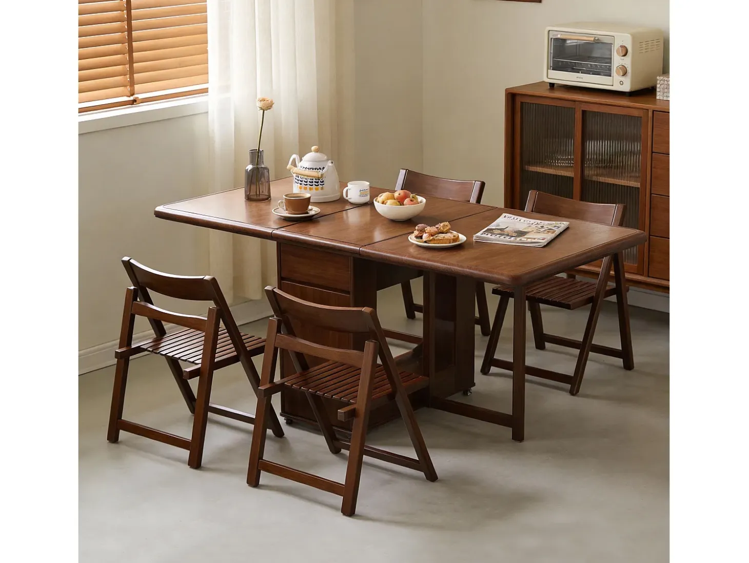 Mesa de comedor extensible y compacta, mesa de cocina de madera de 150 cm con almacenamiento y ruedas 360°, para 2 a 6 personas, acabado nogal