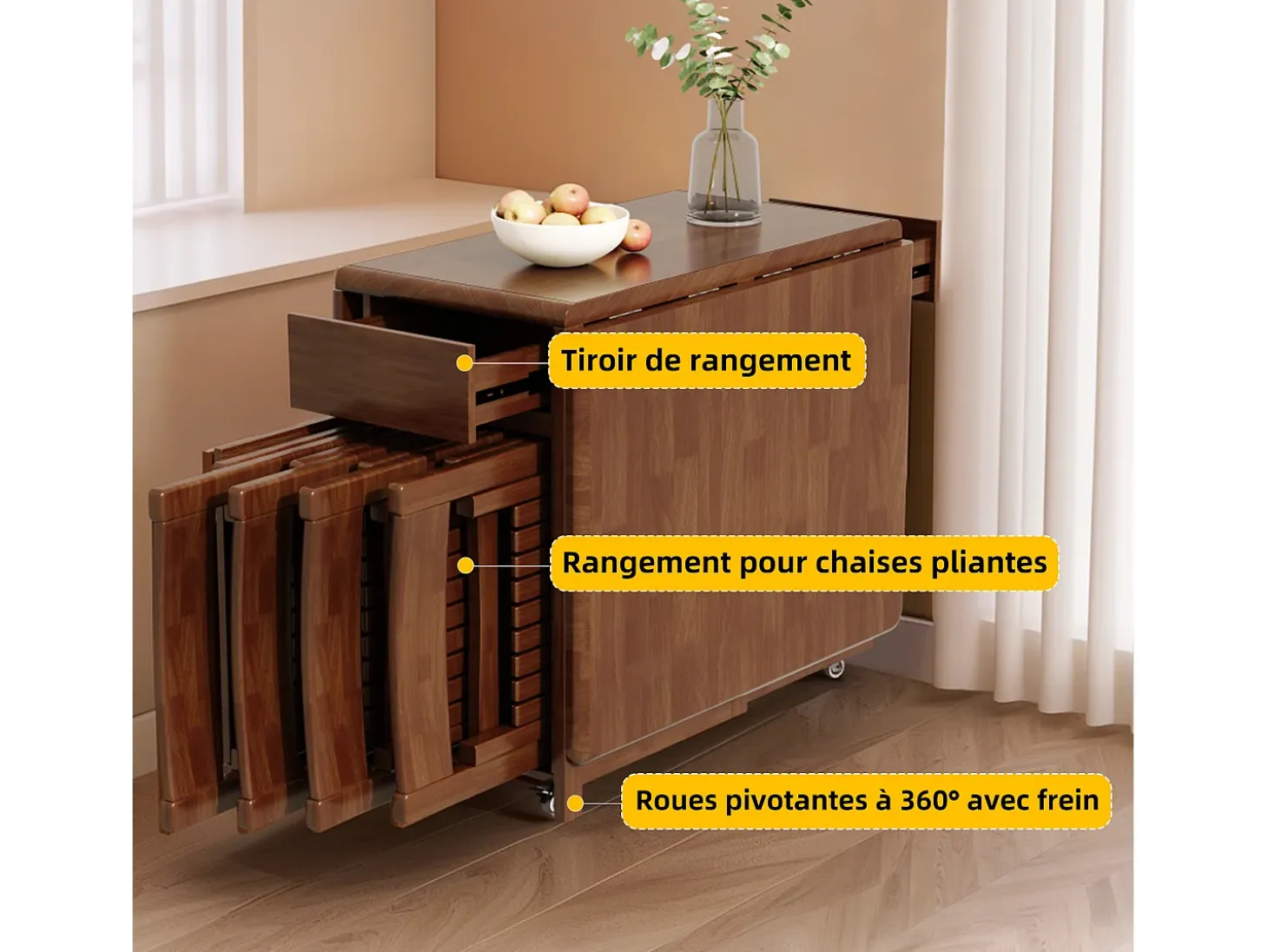 Mesa de comedor extensible y compacta, mesa de cocina de madera de 150 cm con almacenamiento y ruedas 360°, para 2 a 6 personas, acabado nogal
