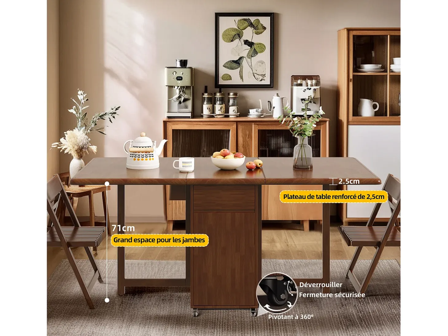 Mesa de comedor extensible y compacta, mesa de cocina de madera de 150 cm con almacenamiento y ruedas 360°, para 2 a 6 personas, acabado nogal