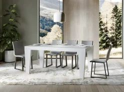 Mesa de comedor extensible de madera Kristo patas en V-Color Blanco-Soporte 4 pies-5 alargaderas finas-Ancho extensible