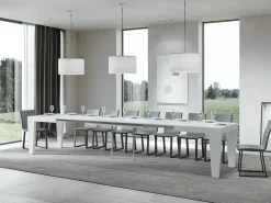 Mesa de comedor extensible de madera Kristo patas en V-Color Blanco-Soporte 4 pies-5 alargaderas finas-Ancho extensible