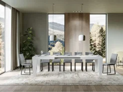 Mesa de comedor extensible de madera Kristo patas en V-Color Blanco-Soporte 4 pies-5 alargaderas finas-Ancho extensible