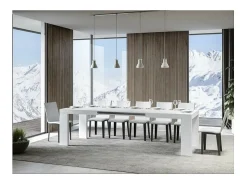 Mesa de comedor extensible de madera Ribo-Color Blanco-Base y soporte con ruedas-5 alargaderas finas-Ancho extensible