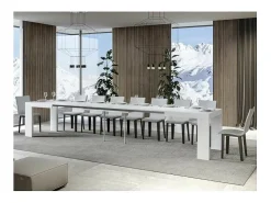 Mesa de comedor extensible de madera Ribo-Color Blanco-Base y soporte con ruedas-5 alargaderas finas-Ancho extensible