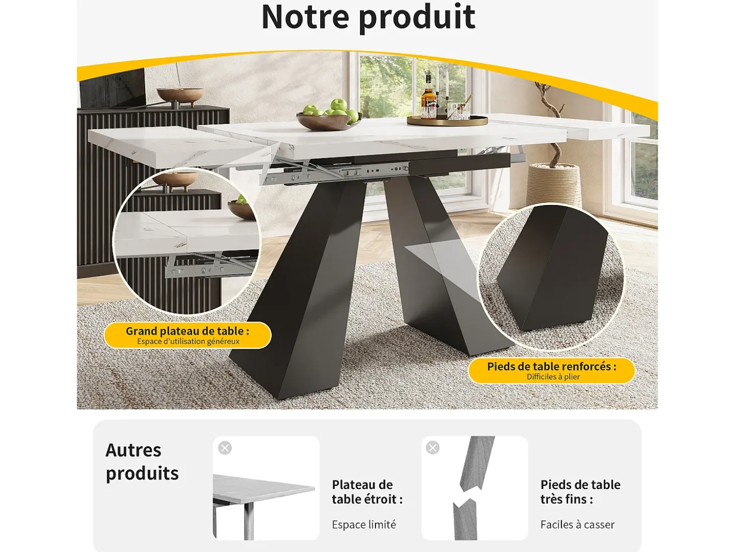 Mesa de comedor extensible 99-159 x 74 cm - 6 a 8 personas - en MDF - Blanco + Negro
