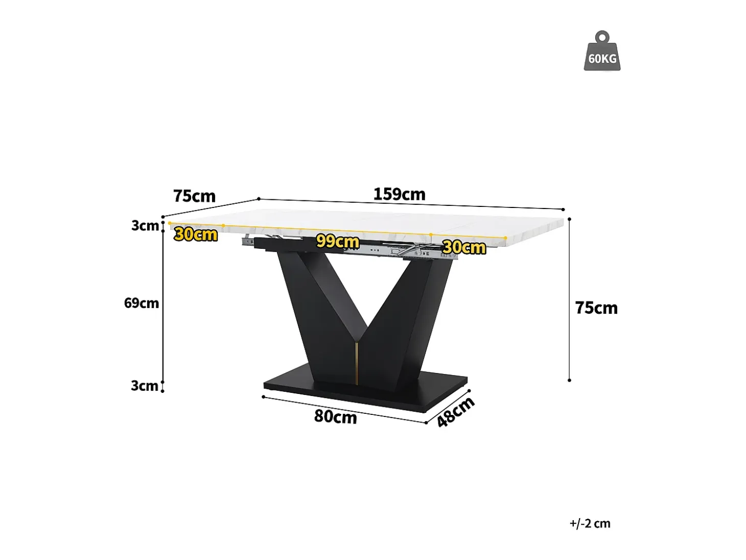 Mesa de comedor extensible 159x75cm para 6 personas en MDF chapado en mármol blanco con patas negras