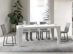 Mesa de comedor extensible de madera Naxo.-Color Blanco-Soporte 2 pies-5 alargaderas finas-Ancho extensible