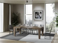 Mesa de comedor extensible de madera Kristo patas en V-Color Marrón-Base y soporte con ruedas-Alargaderas -Ancho extensible