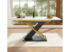 Mesa de comedor extensible para 4 a 6 personas - 120/160 x 80 x 75,4 cm - MDF + patas metálicas cruzadas - Blanco + negro