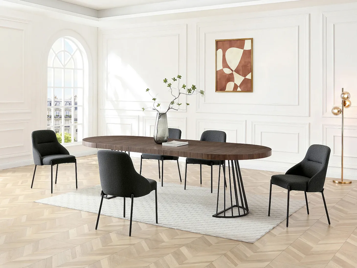 Mesa de comedor extensible 2 a 12 personas en MDF y acero - Marrón oscuro natural y negro - FIRELA