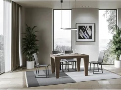 Mesa de comedor extensible de madera Kristo patas en V-Color Marrón-Base y soporte con ruedas-Alargaderas -Ancho extensible
