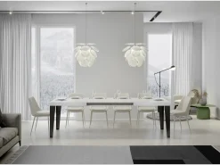 Mesa de comedor extensible Flavio-Color Blanco-Base y soporte con ruedas-Alargaderas -Ancho extensible