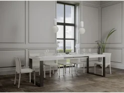 Mesa de comedor extensible tiroz-Color Blanco-Base y soporte con ruedas-5 alargaderas finas-Ancho extensible