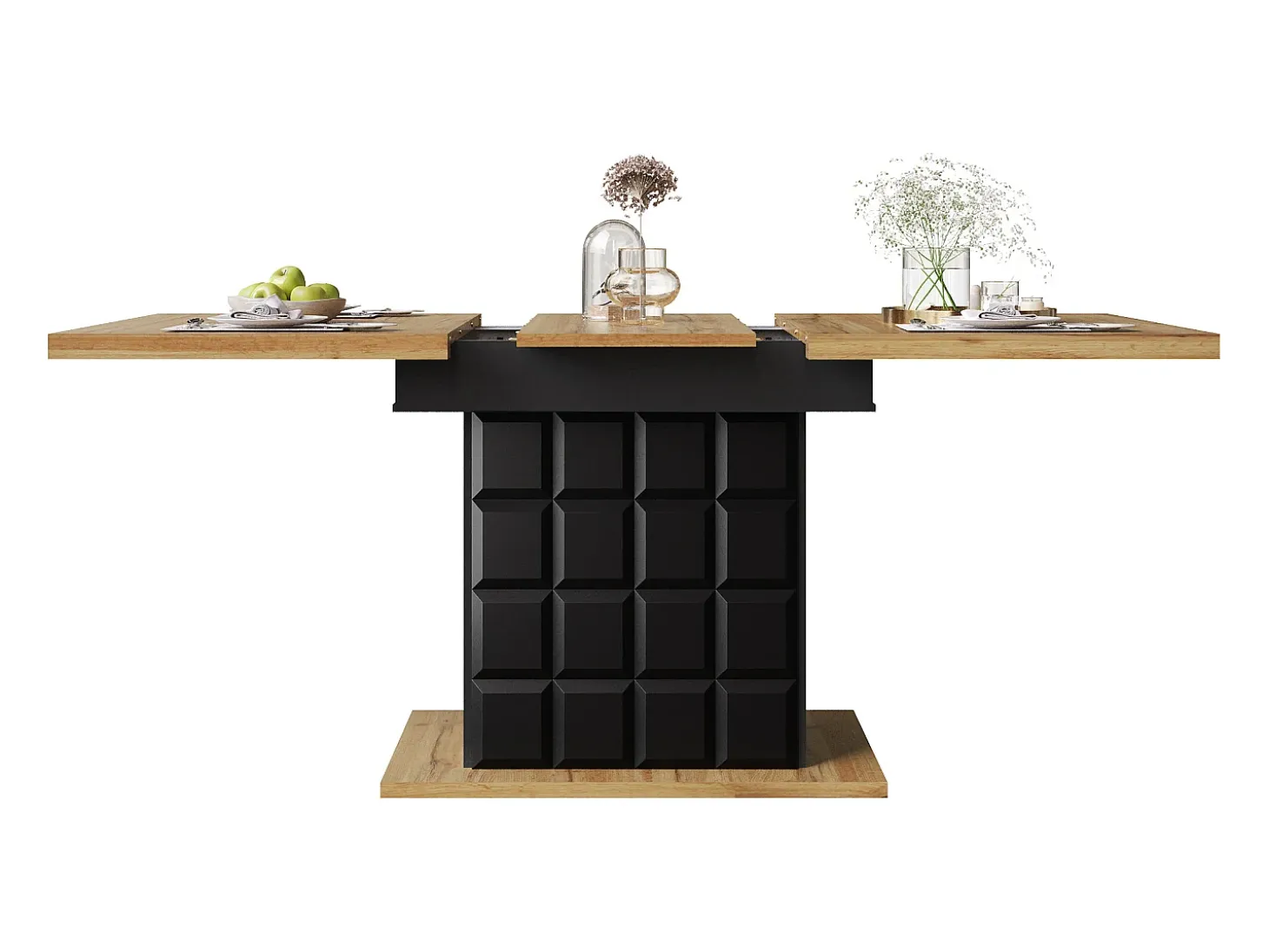 Mesa de comedor extensible para 4 a 6 personas - Estampado de cuadros con puertas - Negro y madera