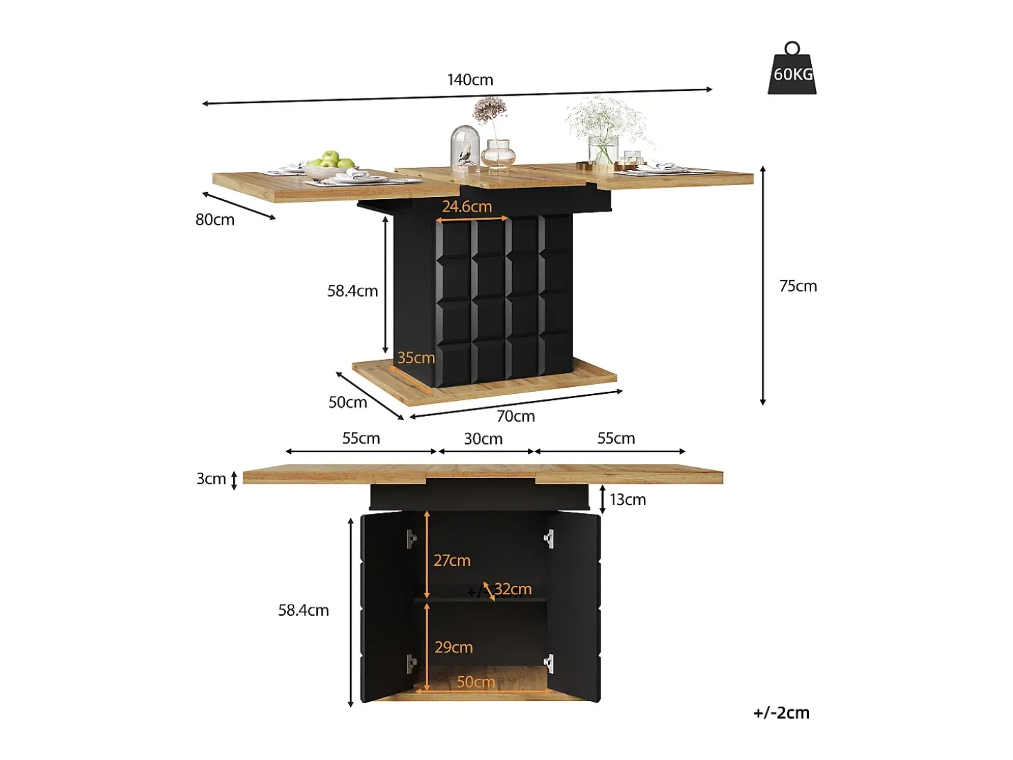 Mesa de comedor extensible para 4 a 6 personas - Estampado de cuadros con puertas - Negro y madera