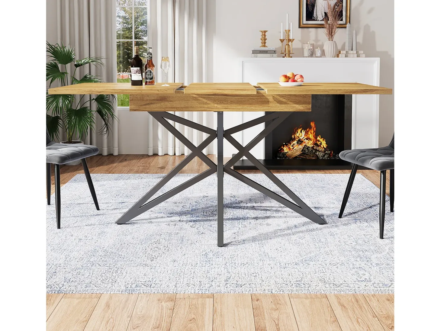 Mesa de comedor extensible 160x80x66 cm - 6 personas - patas de mesa en forma de estrella - tablero de mesa imitación nogal - Natural