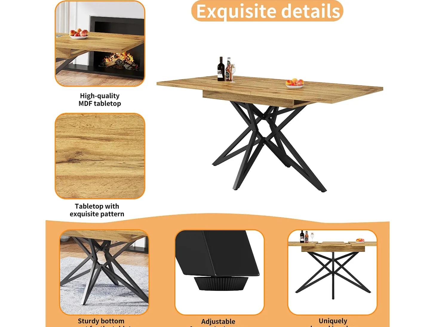 Mesa de comedor extensible 160x80x66 cm - 6 personas - patas de mesa en forma de estrella - tablero de mesa imitación nogal - Natural