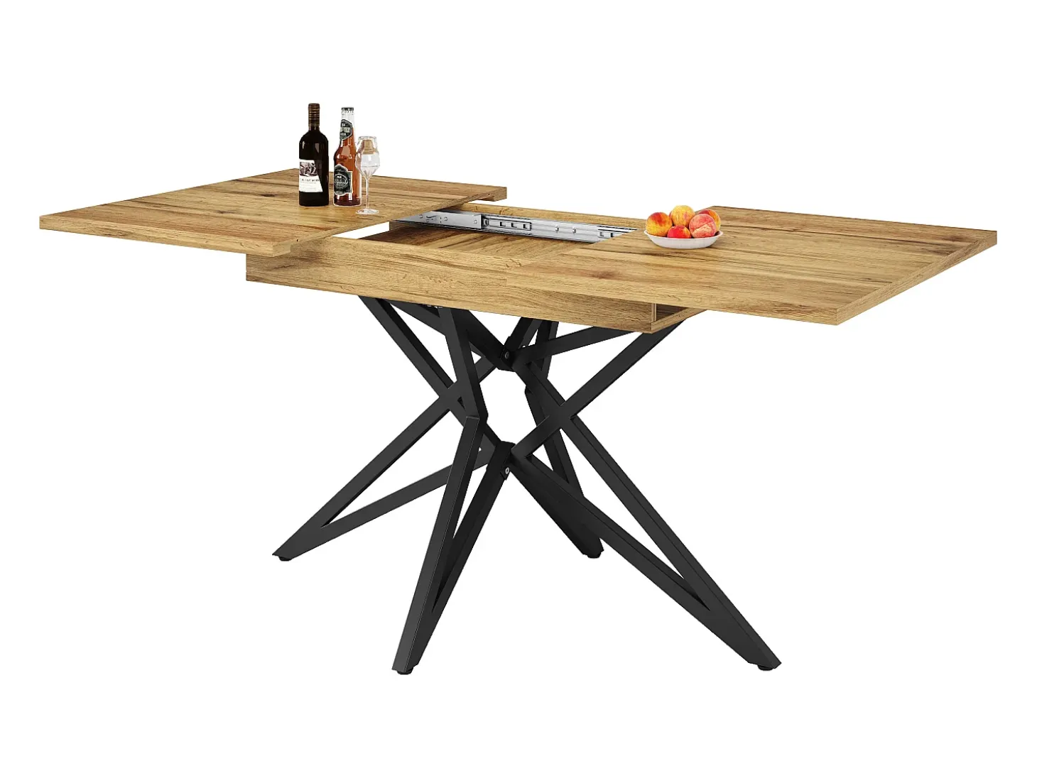 Mesa de comedor extensible 160x80x66 cm - 6 personas - patas de mesa en forma de estrella - tablero de mesa imitación nogal - Natural